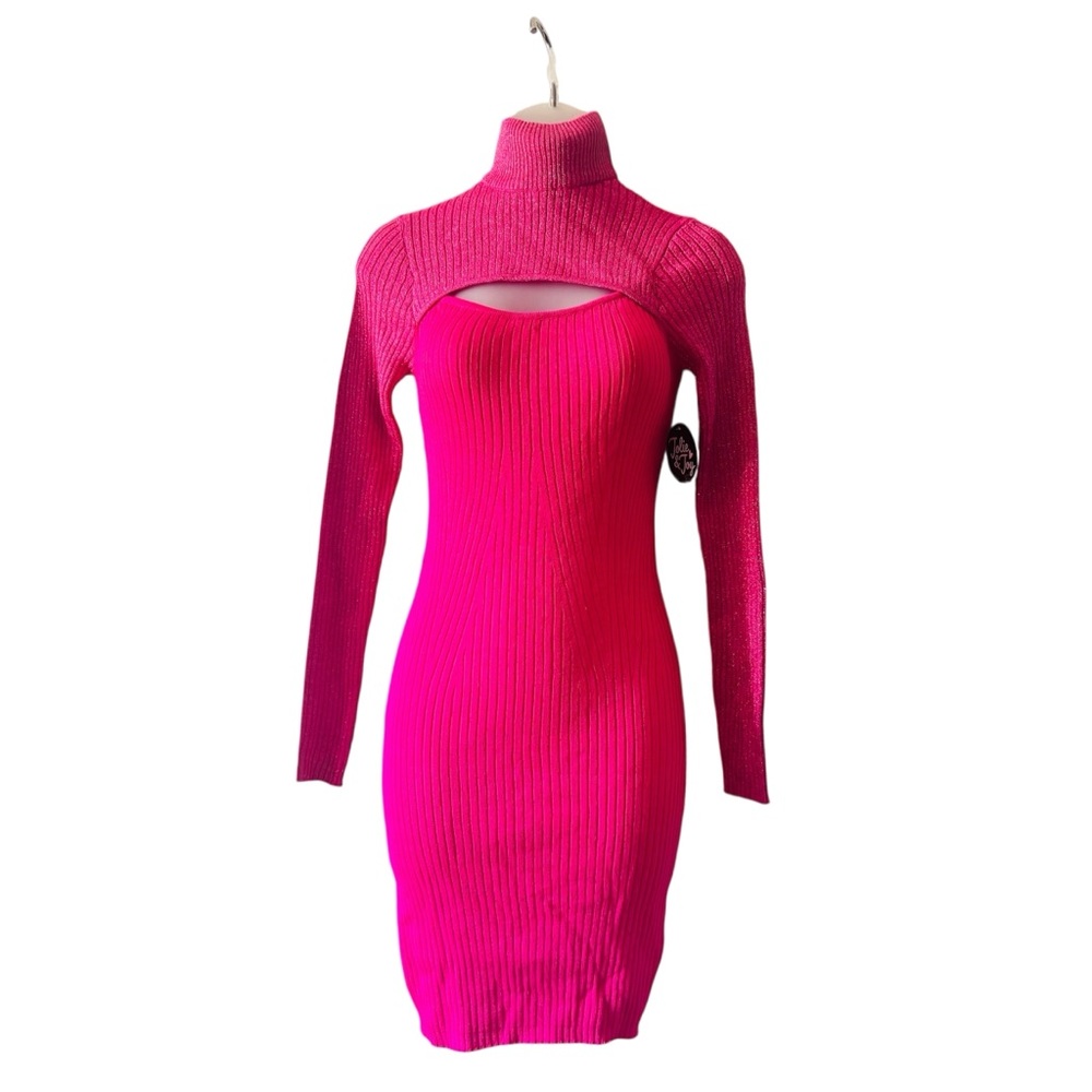 Knit turtle neck long slv mini dress with cutout